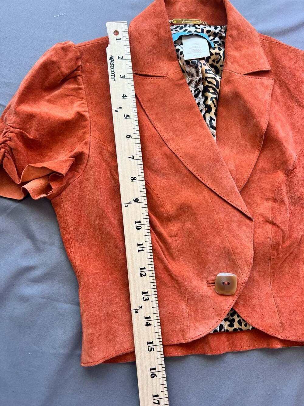 Y2k Mobwife Orange Suede Cropped Short Sleeve Blazer Jacket, Leopard Lining, Siz - Picture 10 of 10